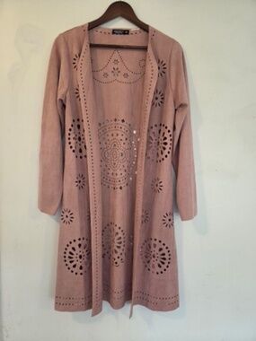 Anandas pink duster cardigan/coat vegan suede die cut outs midi boho festival